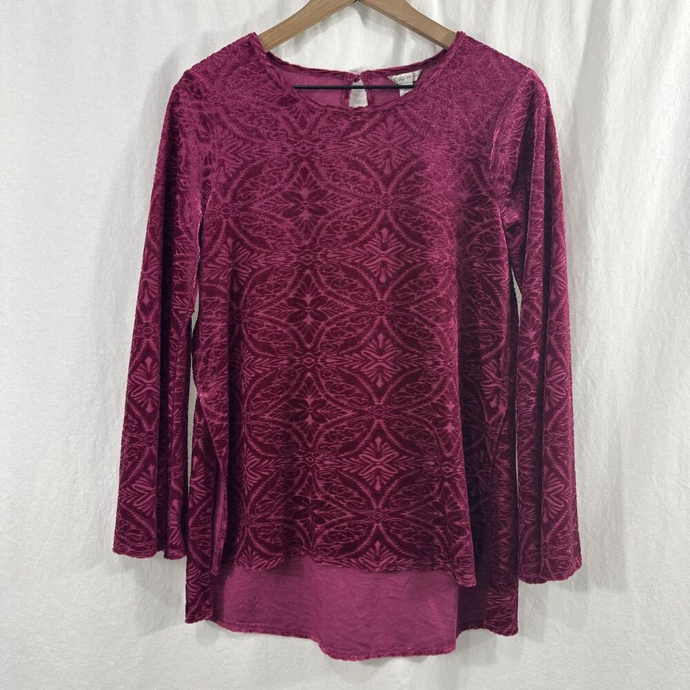 Cato Burgundy Red Velvet Hi-Lo Flare Sleeve Flowy Tunic Top Womens Size XS Boho